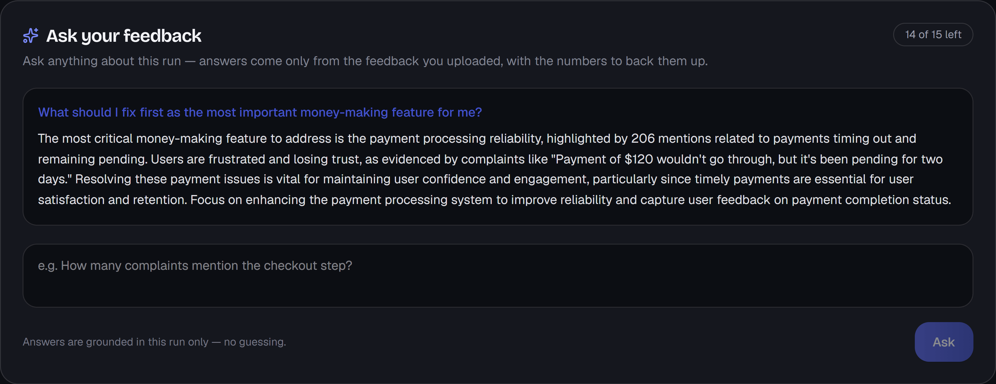 The Ask your feedback panel, showing 14 of 15 questions left. Asked what to fix first as the most important money-making feature, the answer names payment processing reliability, citing 206 mentions of payments timing out and remaining pending, and quotes a customer whose payment of $120 sat pending for two days. A line below reads: answers are grounded in this run only — no guessing.