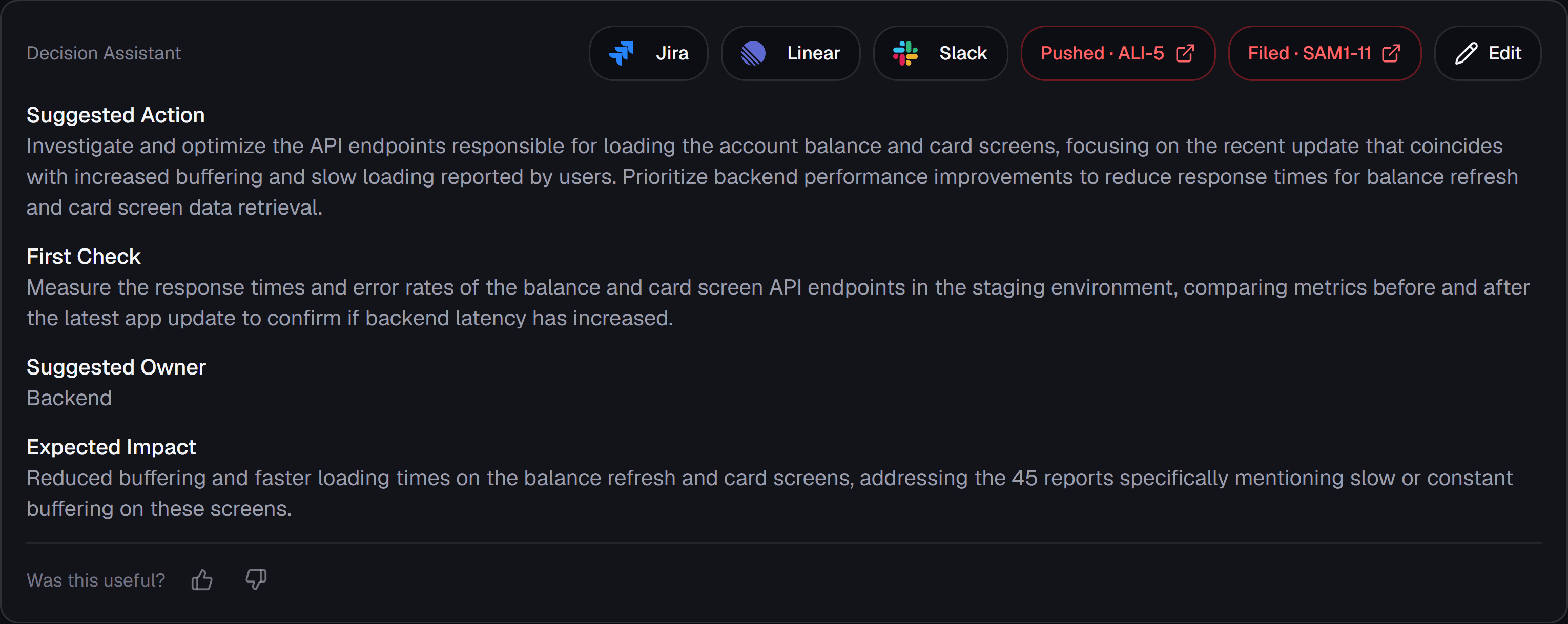 A problem's Decision Assistant with Jira, Linear and Slack buttons along the top. The action has already been filed in both trackers, so two red buttons read “Pushed · ALI-5” and “Filed · SAM1-11” and link out to the issues. Below them: a suggested action to investigate and optimise the balance and card screen API endpoints, a first check measuring their response times and error rates in staging, a suggested owner of Backend, and the expected impact on the 45 reports mentioning buffering.